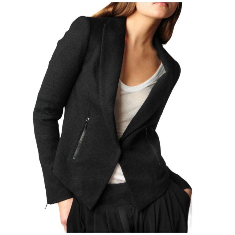 Alexander Wang Jacket Sz 2 Black Australian Merino Nubby Wool Blazer Zippers‎